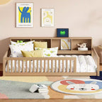 Bellemave Cama de Piso Twin XL con Gabinetes de Almacenamiento y Puertos de Carga USB, Estructura de Madera Sólida con Valla Semicerrada, Fácil Montaje, Marrón