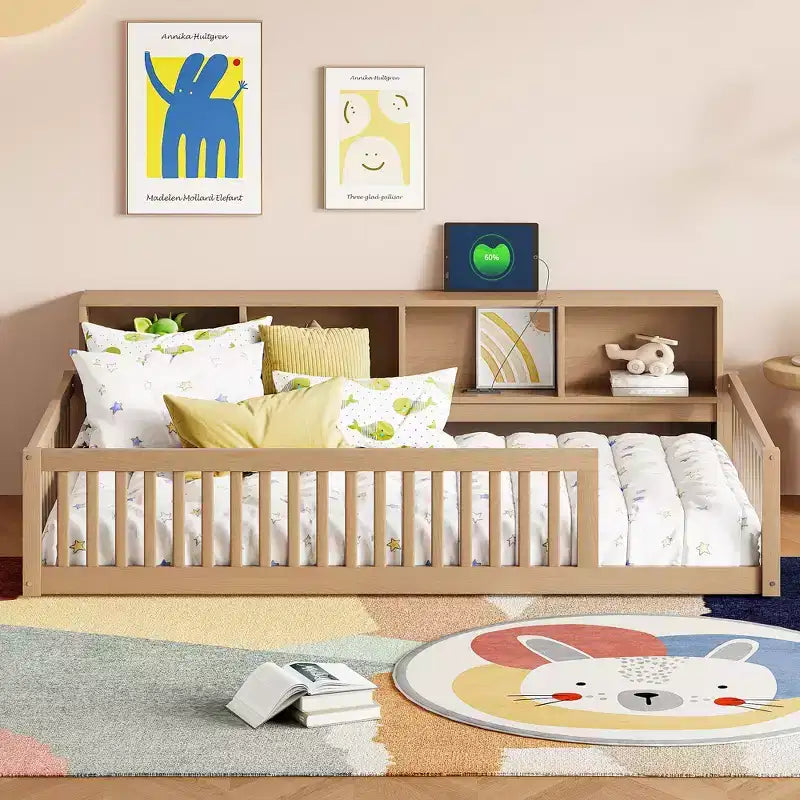 Bellemave Cama de Piso Twin XL con Gabinetes de Almacenamiento y Puertos de Carga USB, Estructura de Madera Sólida con Valla Semicerrada, Fácil Montaje, Marrón