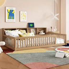 Bellemave Cama de Piso Twin XL con Gabinetes de Almacenamiento y Puertos de Carga USB, Estructura de Madera Sólida con Valla Semicerrada, Fácil Montaje, Marrón