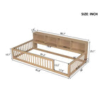 Bellemave Cama de Piso Twin XL con Gabinetes de Almacenamiento y Puertos de Carga USB, Estructura de Madera Sólida con Valla Semicerrada, Fácil Montaje, Marrón