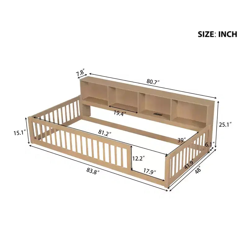 Bellemave Cama de Piso Twin XL con Gabinetes de Almacenamiento y Puertos de Carga USB, Estructura de Madera Sólida con Valla Semicerrada, Fácil Montaje, Marrón