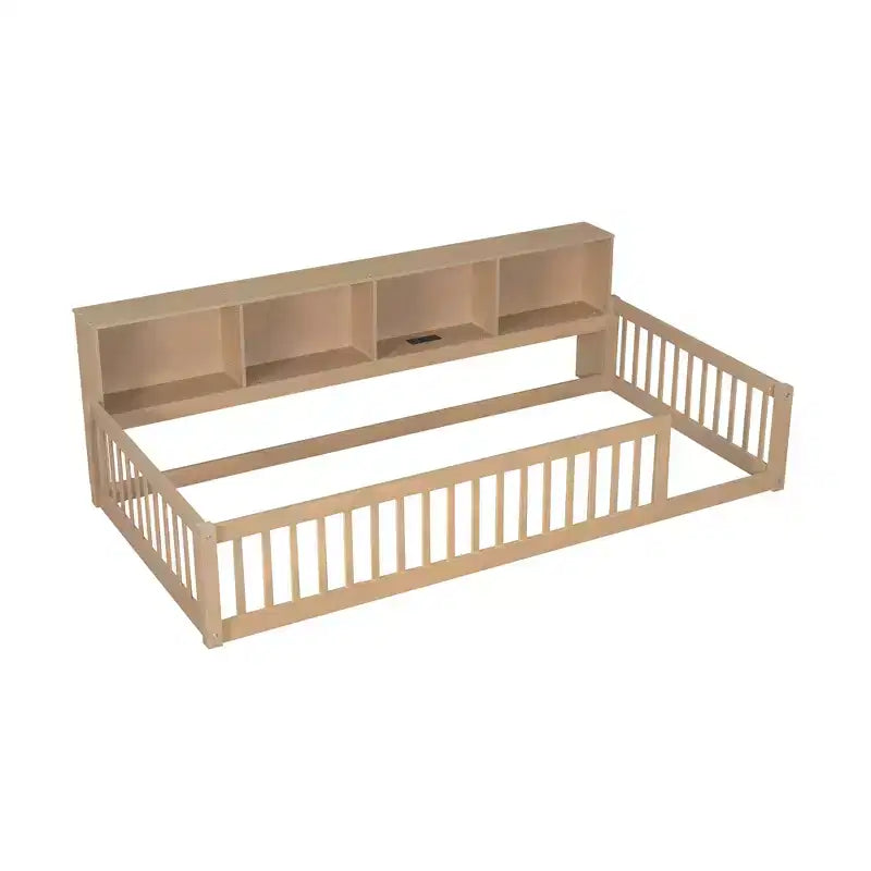 Bellemave Cama de Piso Twin XL con Gabinetes de Almacenamiento y Puertos de Carga USB, Estructura de Madera Sólida con Valla Semicerrada, Fácil Montaje, Marrón