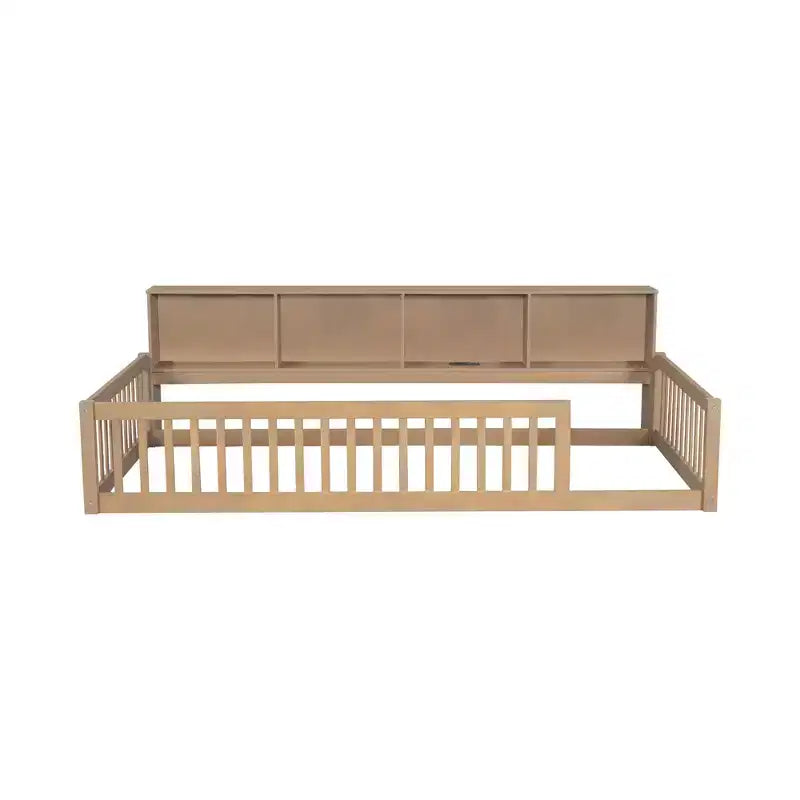 Bellemave Cama de Piso Twin XL con Gabinetes de Almacenamiento y Puertos de Carga USB, Estructura de Madera Sólida con Valla Semicerrada, Fácil Montaje, Marrón