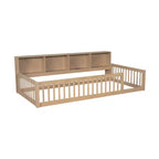 Bellemave Cama de Piso Twin XL con Gabinetes de Almacenamiento y Puertos de Carga USB, Estructura de Madera Sólida con Valla Semicerrada, Fácil Montaje, Marrón