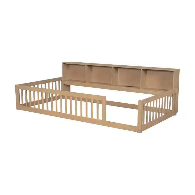 Bellemave Cama de Piso Twin XL con Gabinetes de Almacenamiento y Puertos de Carga USB, Estructura de Madera Sólida con Valla Semicerrada, Fácil Montaje, Marrón