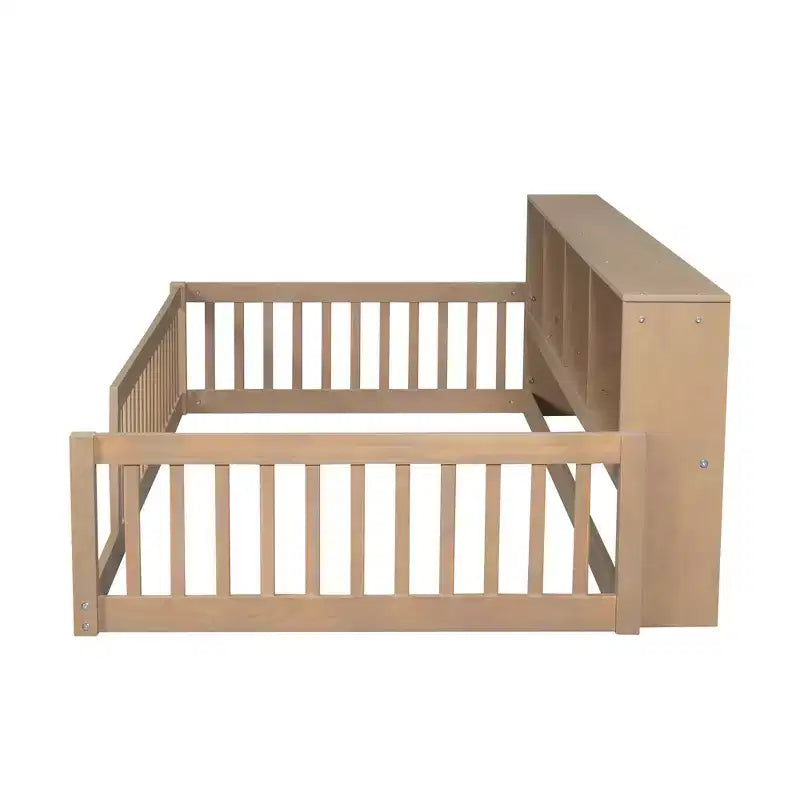 Bellemave Cama de Piso Twin XL con Gabinetes de Almacenamiento y Puertos de Carga USB, Estructura de Madera Sólida con Valla Semicerrada, Fácil Montaje, Marrón