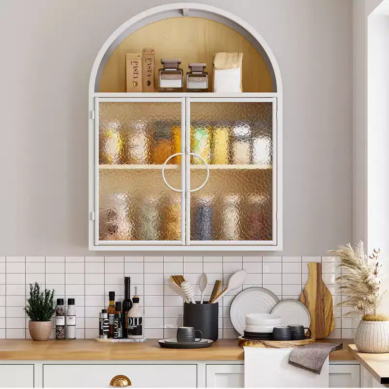 Bekrvio Mueble de Baño de Pared con Arco y Puertas de Cristal, Armario Flotante de Metal Completamente Ensamblado para Colocar Sobre el Inodoro