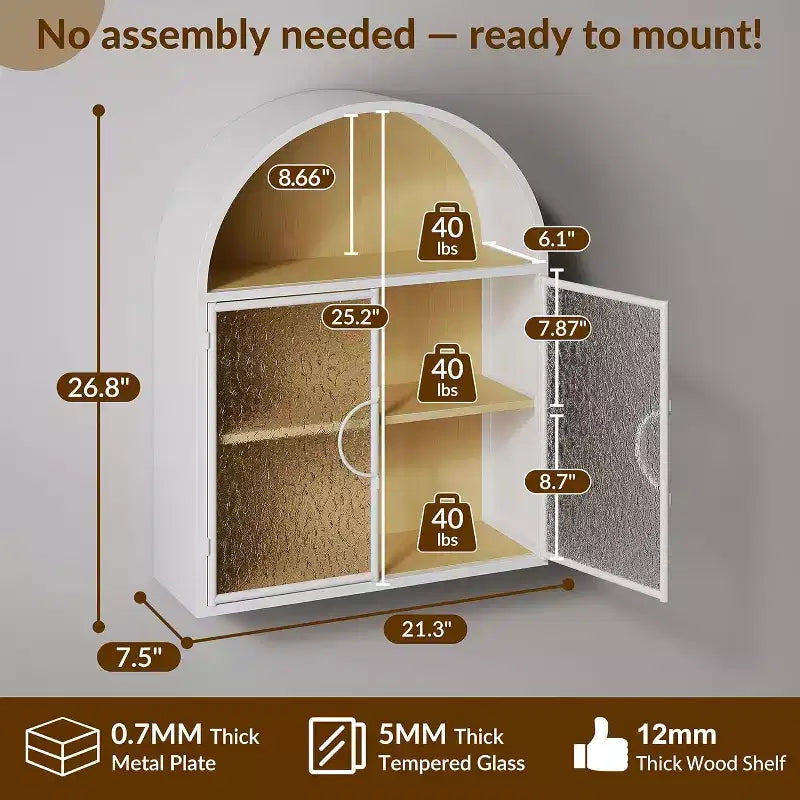 Bekrvio Mueble de Baño de Pared con Arco y Puertas de Cristal, Armario Flotante de Metal Completamente Ensamblado para Colocar Sobre el Inodoro