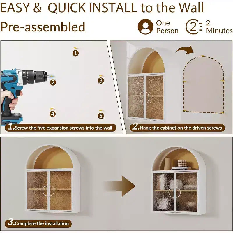 Bekrvio Mueble de Baño de Pared con Arco y Puertas de Cristal, Armario Flotante de Metal Completamente Ensamblado para Colocar Sobre el Inodoro