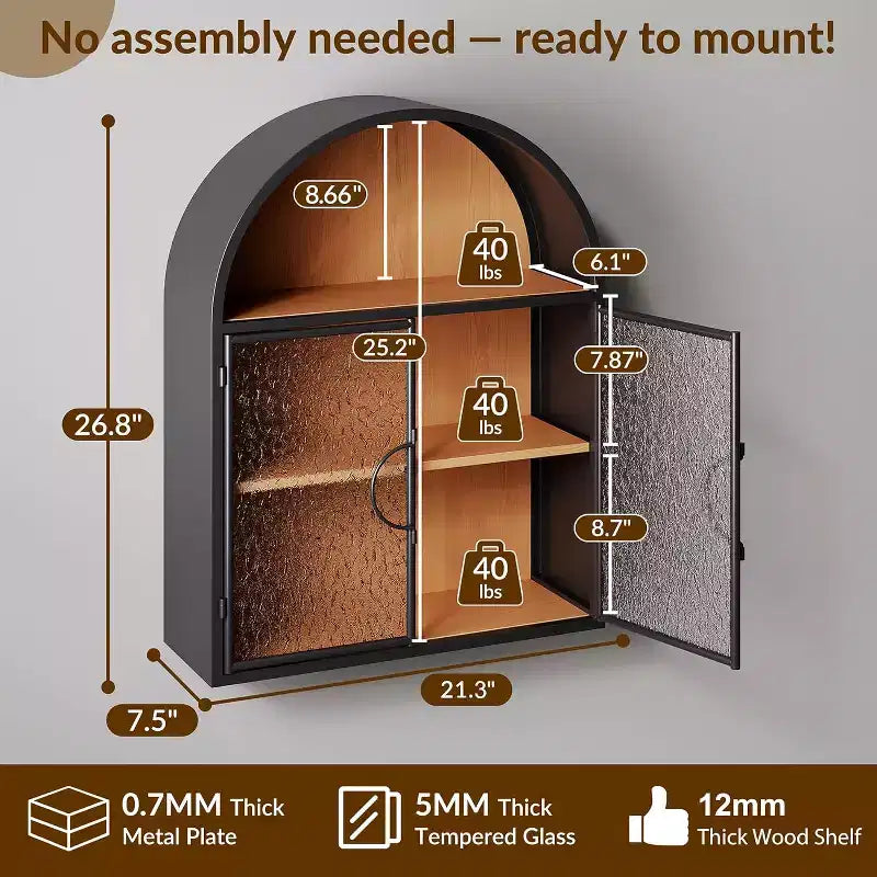 Bekrvio Mueble de Baño de Pared con Arco y Puertas de Cristal, Armario Flotante de Metal Completamente Ensamblado para Colocar Sobre el Inodoro