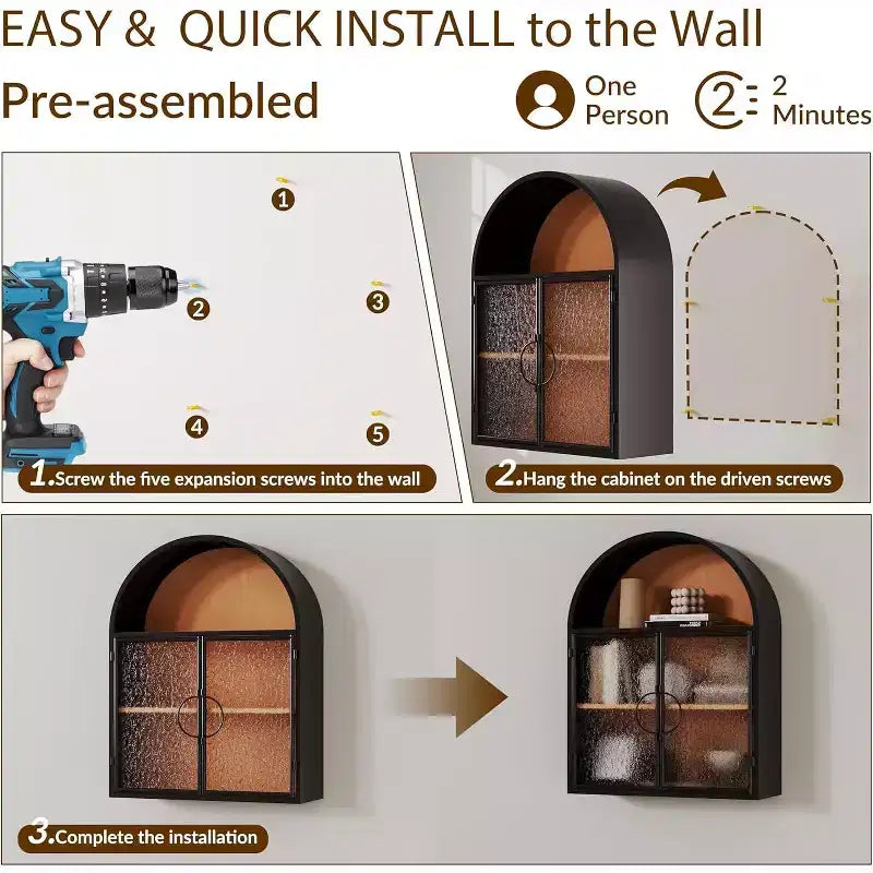 Bekrvio Mueble de Baño de Pared con Arco y Puertas de Cristal, Armario Flotante de Metal Completamente Ensamblado para Colocar Sobre el Inodoro