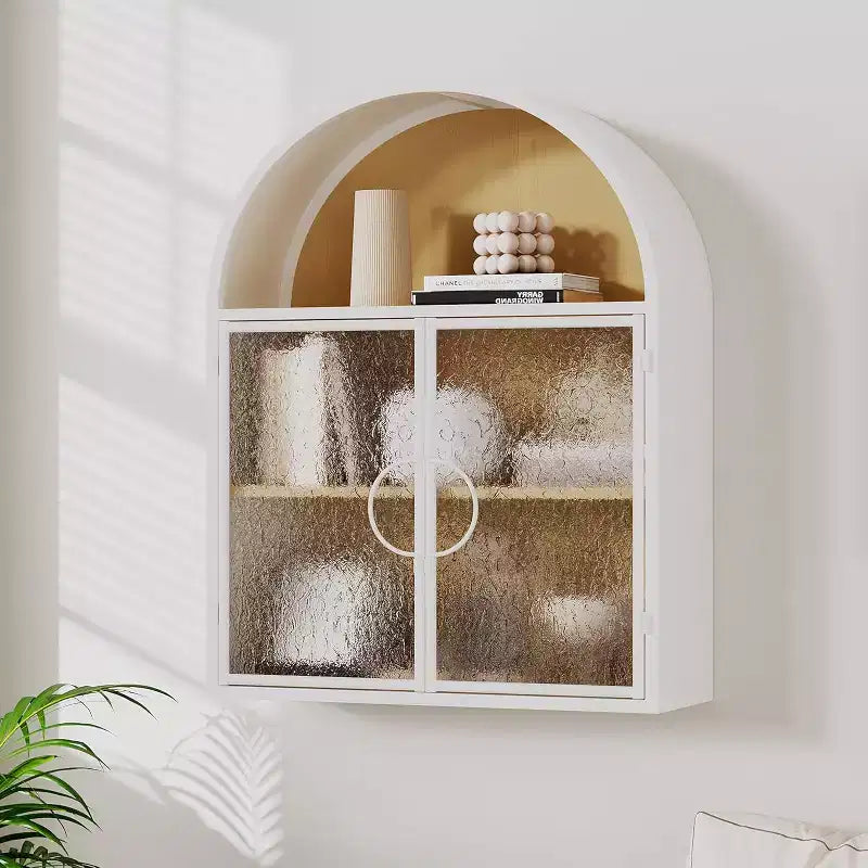 Bekrvio Mueble de Baño de Pared con Arco y Puertas de Cristal, Armario Flotante de Metal Completamente Ensamblado para Colocar Sobre el Inodoro