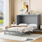 Cama de pared Queen Murphy Bed con patas doradas, cama de gabinete tamaño Queen, cama de pared plegable con diseño de puertas de vidrio esmerilado y cajones falsos