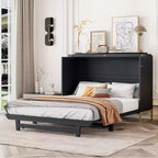 Cama de pared Queen Murphy Bed con patas doradas, cama de gabinete tamaño Queen, cama de pared plegable con diseño de puertas de vidrio esmerilado y cajones falsos