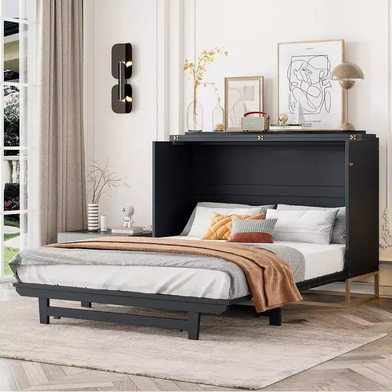 Cama de pared Queen Murphy Bed con patas doradas, cama de gabinete tamaño Queen, cama de pared plegable con diseño de puertas de vidrio esmerilado y cajones falsos
