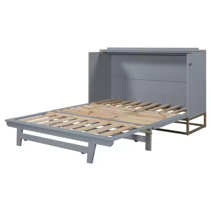 Cama de pared Queen Murphy Bed con patas doradas, cama de gabinete tamaño Queen, cama de pared plegable con diseño de puertas de vidrio esmerilado y cajones falsos