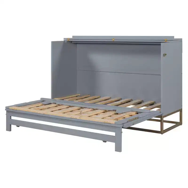 Cama de pared Queen Murphy Bed con patas doradas, cama de gabinete tamaño Queen, cama de pared plegable con diseño de puertas de vidrio esmerilado y cajones falsos