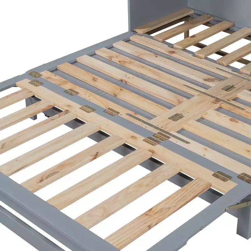 Cama de pared Queen Murphy Bed con patas doradas, cama de gabinete tamaño Queen, cama de pared plegable con diseño de puertas de vidrio esmerilado y cajones falsos