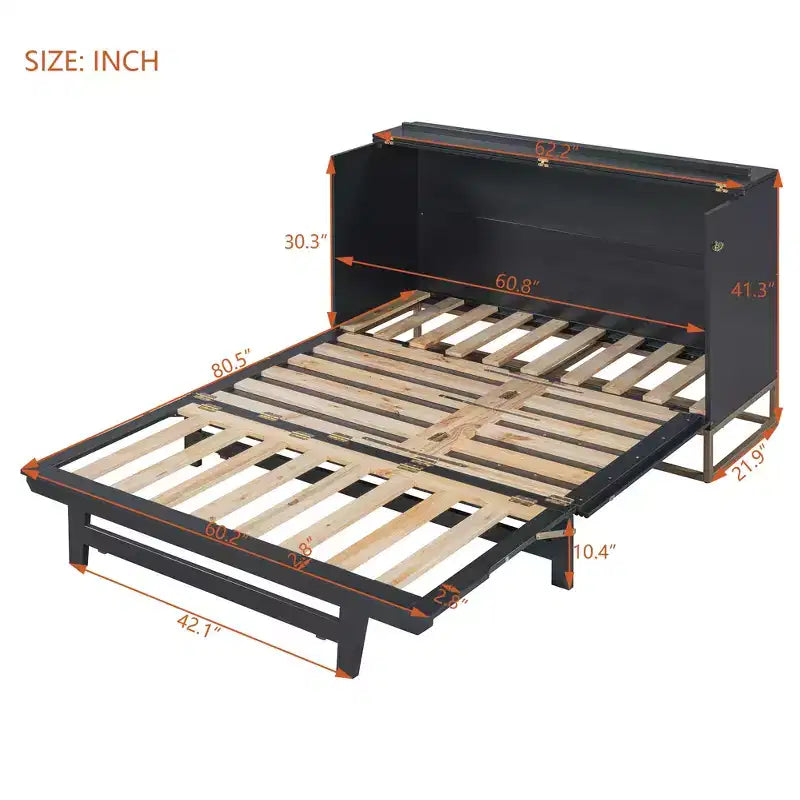 Cama de pared Queen Murphy Bed con patas doradas, cama de gabinete tamaño Queen, cama de pared plegable con diseño de puertas de vidrio esmerilado y cajones falsos