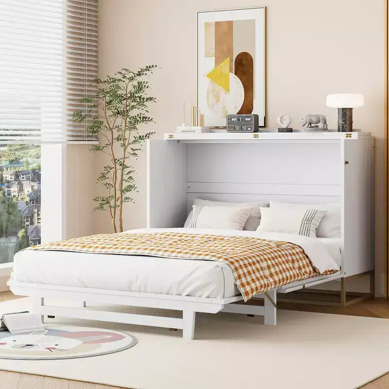 Cama de pared Queen Murphy Bed con patas doradas, cama de gabinete tamaño Queen, cama de pared plegable con diseño de puertas de vidrio esmerilado y cajones falsos