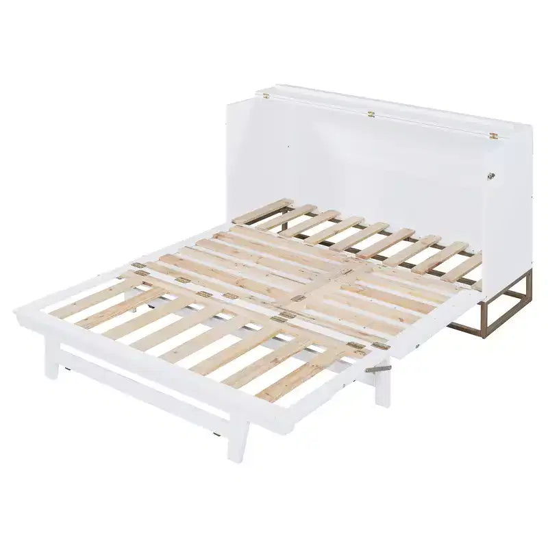 Cama de pared Queen Murphy Bed con patas doradas, cama de gabinete tamaño Queen, cama de pared plegable con diseño de puertas de vidrio esmerilado y cajones falsos