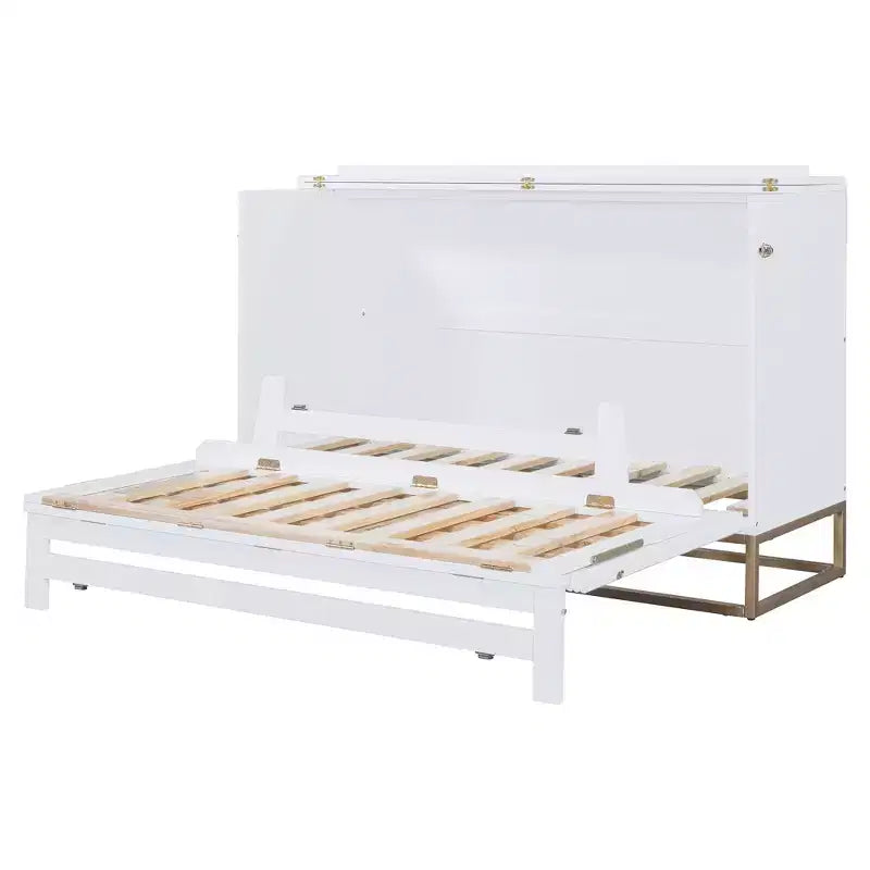 Cama de pared Queen Murphy Bed con patas doradas, cama de gabinete tamaño Queen, cama de pared plegable con diseño de puertas de vidrio esmerilado y cajones falsos