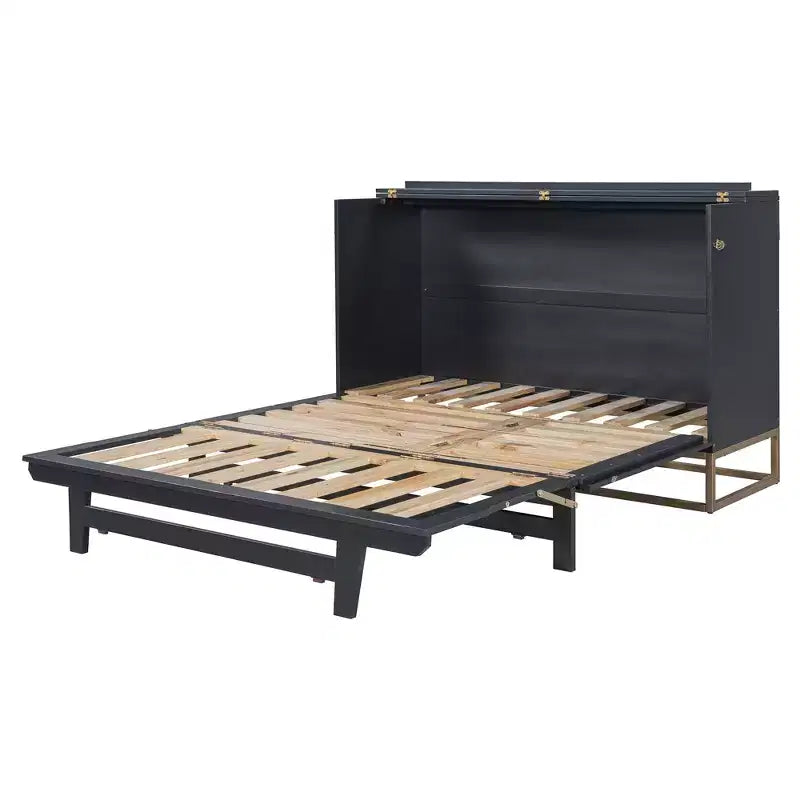 Cama de pared Queen Murphy Bed con patas doradas, cama de gabinete tamaño Queen, cama de pared plegable con diseño de puertas de vidrio esmerilado y cajones falsos