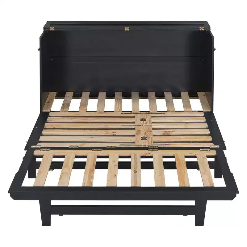 Cama de pared Queen Murphy Bed con patas doradas, cama de gabinete tamaño Queen, cama de pared plegable con diseño de puertas de vidrio esmerilado y cajones falsos