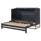 Cama de pared Queen Murphy Bed con patas doradas, cama de gabinete tamaño Queen, cama de pared plegable con diseño de puertas de vidrio esmerilado y cajones falsos