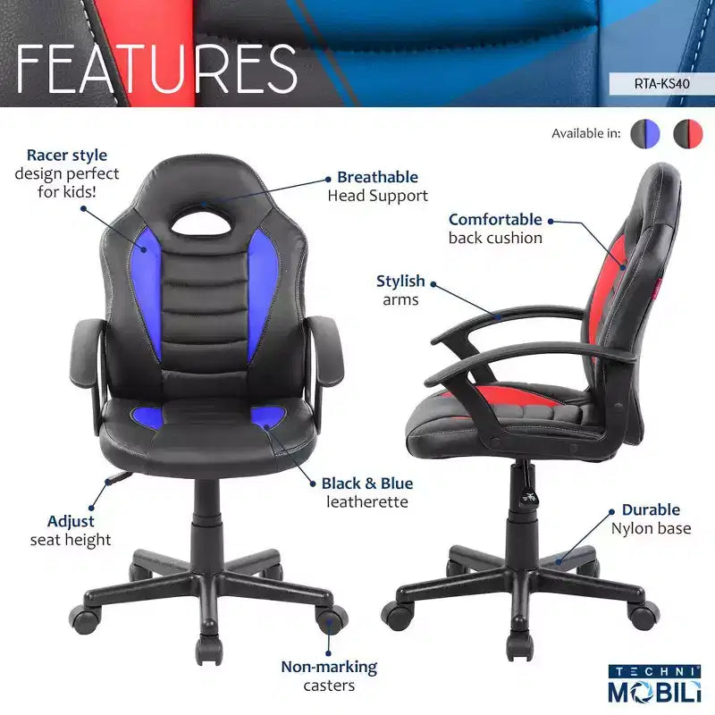 Techni Mobili Kid's Gaming and Student Racer Chair w/ Wheels