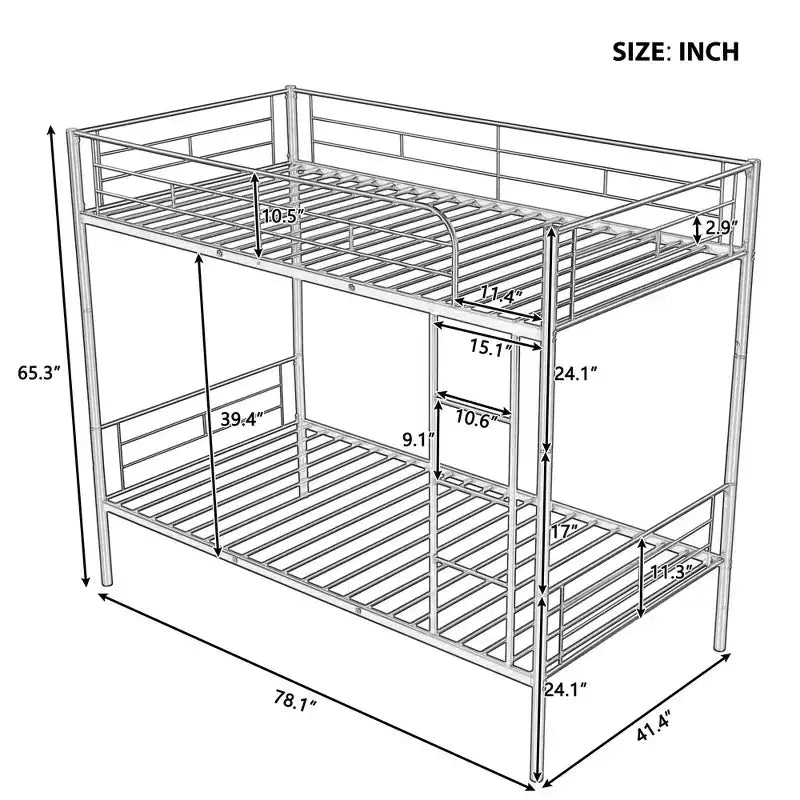 Litera doble, estructura de metal con barandillas de seguridad, se divide en dos camas individuales para habitaciones pequeñas