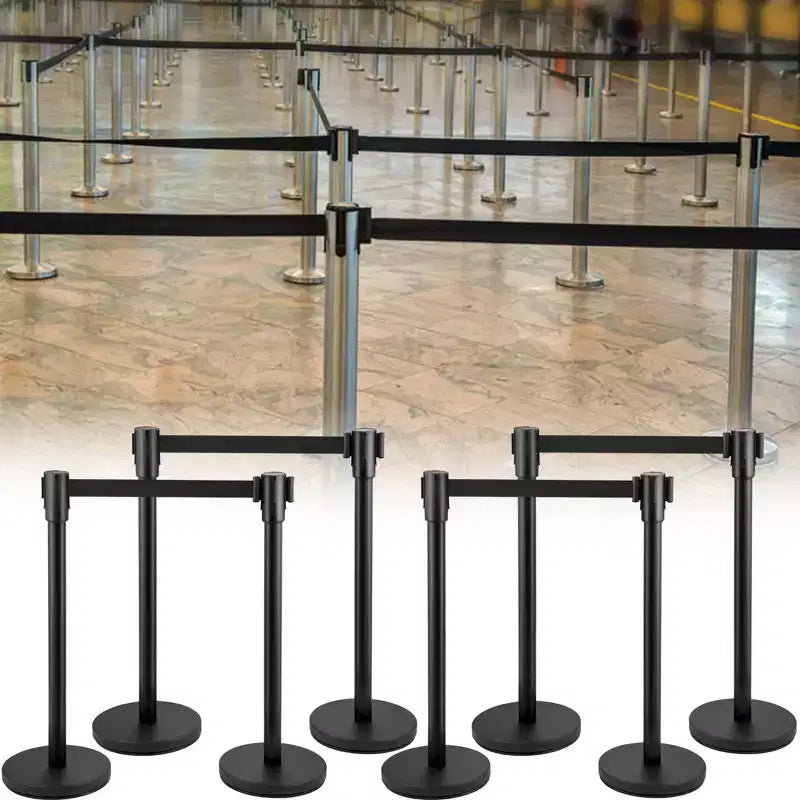Poste de control de multitudes con cinta retráctil negra de 2 m/6.6 pies, barrera de control de multitudes negra, negro