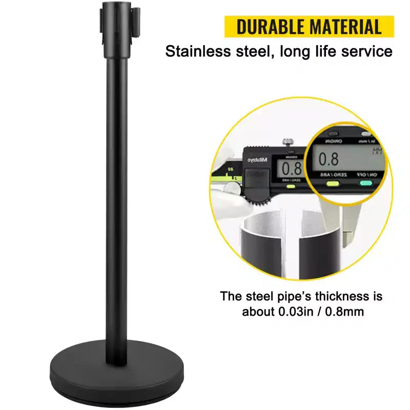 Poste de control de multitudes con cinta retráctil negra de 2 m/6.6 pies, barrera de control de multitudes negra, negro