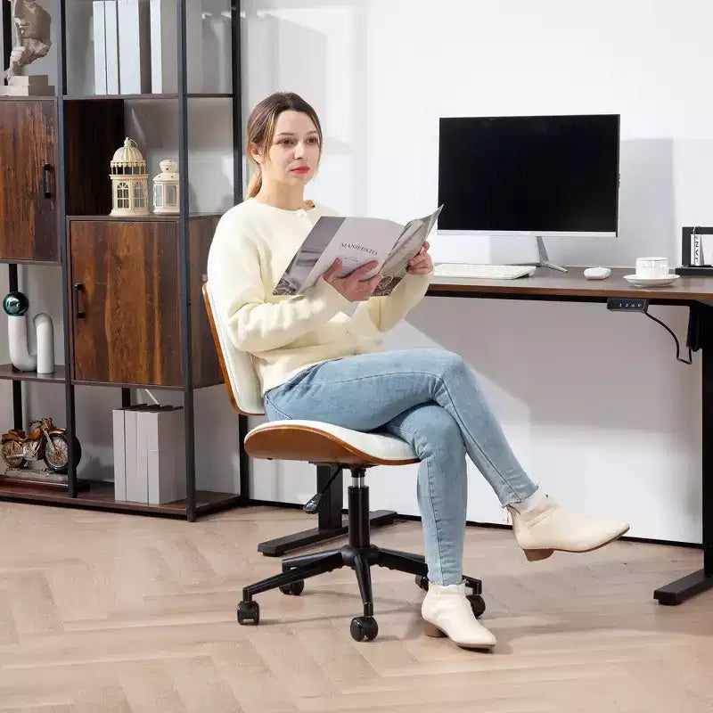 Silla de oficina en casa sin brazos con ruedas, silla de escritorio de cuero sintético con altura ajustable, giro de 360° para lectura