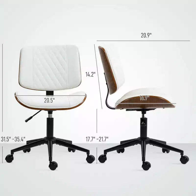 Silla de oficina en casa sin brazos con ruedas, silla de escritorio de cuero sintético con altura ajustable, giro de 360° para lectura