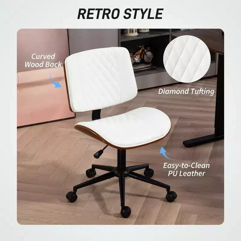 Silla de oficina en casa sin brazos con ruedas, silla de escritorio de cuero sintético con altura ajustable, giro de 360° para lectura