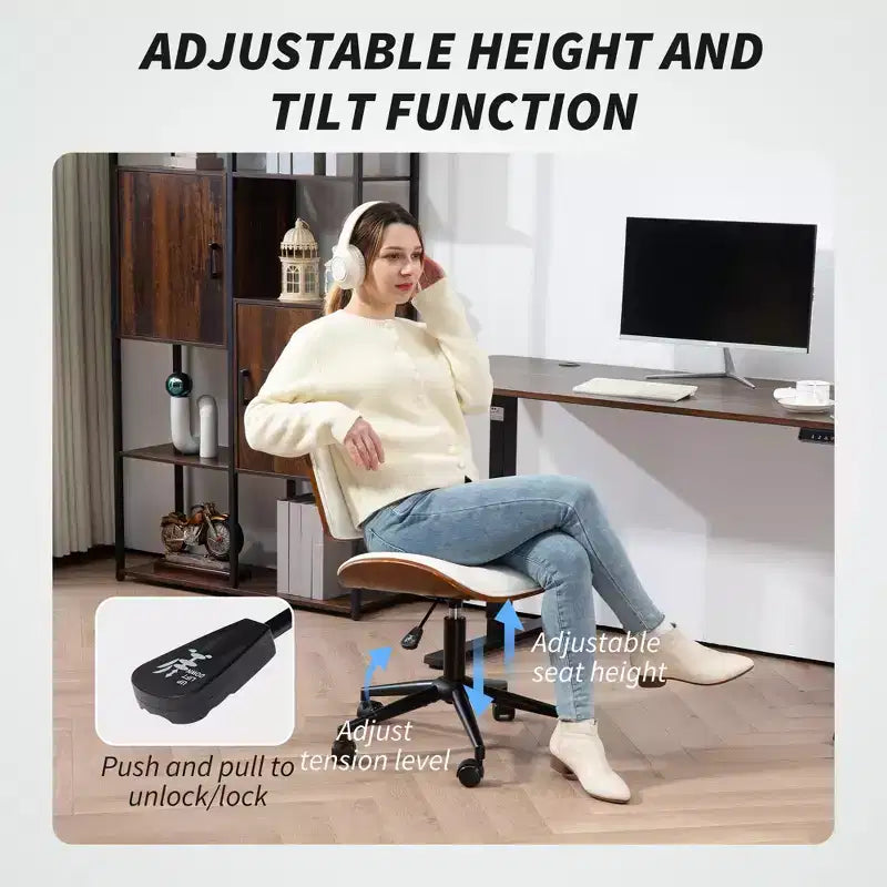 Silla de oficina en casa sin brazos con ruedas, silla de escritorio de cuero sintético con altura ajustable, giro de 360° para lectura