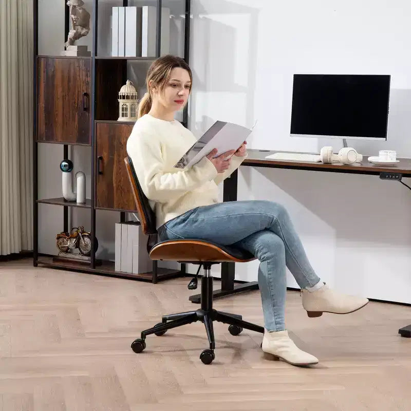 Silla de oficina en casa sin brazos con ruedas, silla de escritorio de cuero sintético con altura ajustable, giro de 360° para lectura