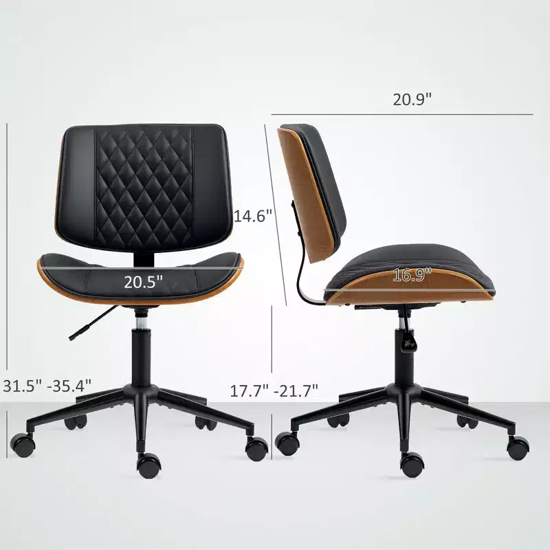Silla de oficina en casa sin brazos con ruedas, silla de escritorio de cuero sintético con altura ajustable, giro de 360° para lectura