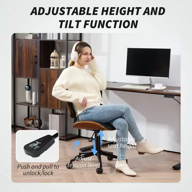 Silla de oficina en casa sin brazos con ruedas, silla de escritorio de cuero sintético con altura ajustable, giro de 360° para lectura