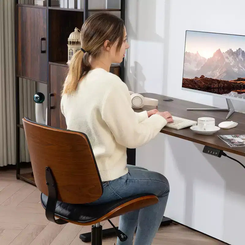 Silla de oficina en casa sin brazos con ruedas, silla de escritorio de cuero sintético con altura ajustable, giro de 360° para lectura
