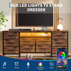 Unidad de almacenamiento de 63 pulgadas con 10 cajones de tela, organizador de cómoda largo con luz LED y estación de carga, gabinete de almacenamiento ancho para dormitorio, armario