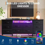 Unidad de almacenamiento de 63 pulgadas con 10 cajones de tela, organizador de cómoda largo con luz LED y estación de carga, gabinete de almacenamiento ancho para dormitorio, armario