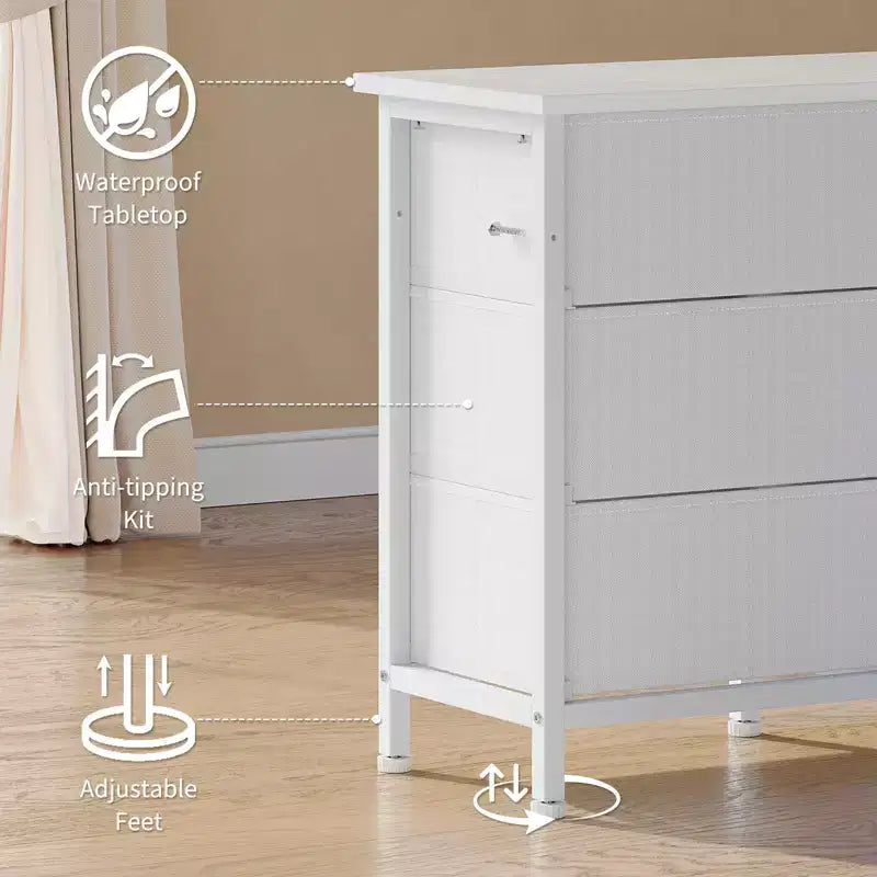 Unidad de almacenamiento de 63 pulgadas con 10 cajones de tela, organizador de cómoda largo con luz LED y estación de carga, gabinete de almacenamiento ancho para dormitorio, armario