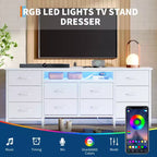 Unidad de almacenamiento de 63 pulgadas con 10 cajones de tela, organizador de cómoda largo con luz LED y estación de carga, gabinete de almacenamiento ancho para dormitorio, armario