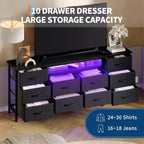 Unidad de almacenamiento de 63 pulgadas con 10 cajones de tela, organizador de cómoda largo con luz LED y estación de carga, gabinete de almacenamiento ancho para dormitorio, armario