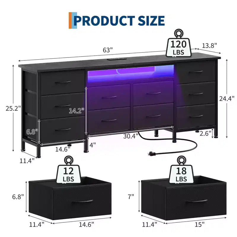 Unidad de almacenamiento de 63 pulgadas con 10 cajones de tela, organizador de cómoda largo con luz LED y estación de carga, gabinete de almacenamiento ancho para dormitorio, armario