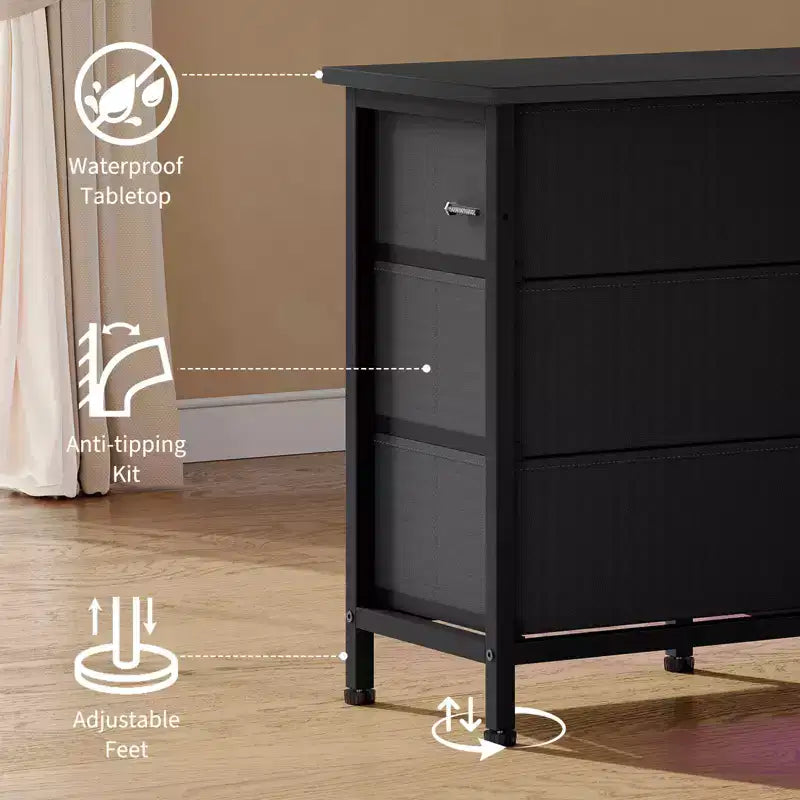 Unidad de almacenamiento de 63 pulgadas con 10 cajones de tela, organizador de cómoda largo con luz LED y estación de carga, gabinete de almacenamiento ancho para dormitorio, armario