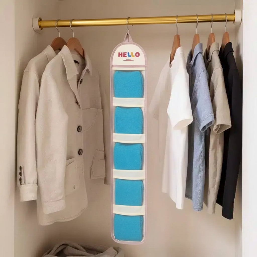 Organizador de pared colgante con múltiples bolsillos de malla y diseño estampado HELLO