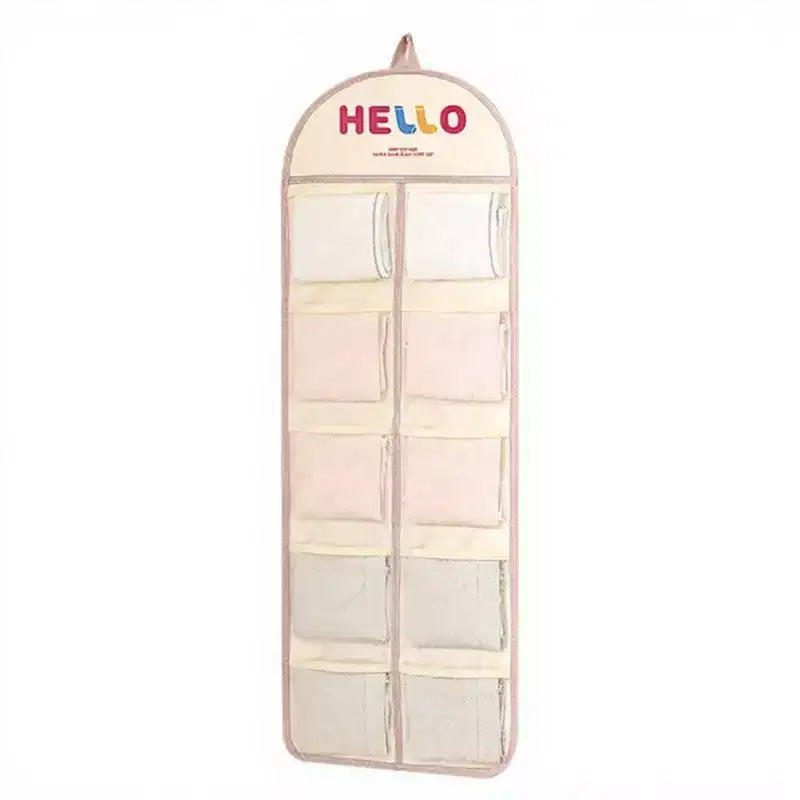 Organizador de pared colgante con múltiples bolsillos de malla y diseño estampado HELLO